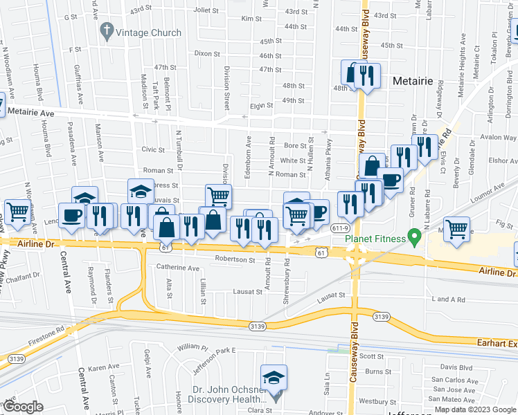 map of restaurants, bars, coffee shops, grocery stores, and more near 3420 Severn Ave in Metairie