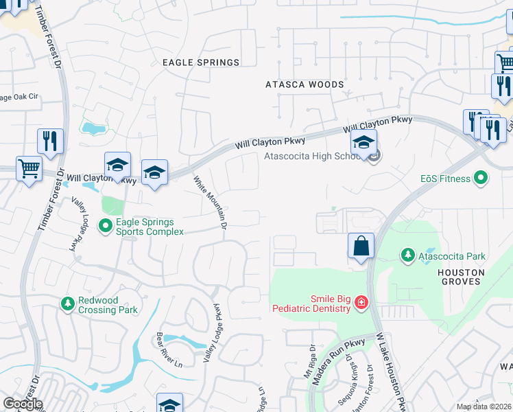 map of restaurants, bars, coffee shops, grocery stores, and more near 17902 Yukon Pass Drive in Humble