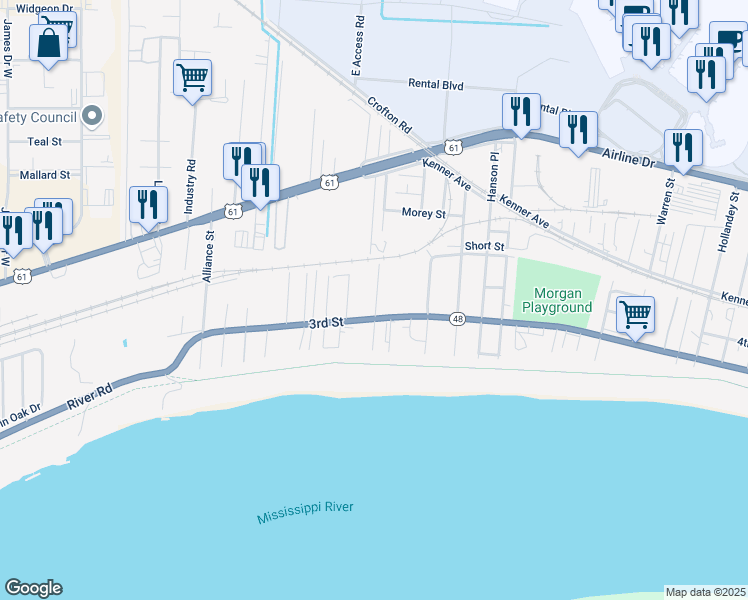 map of restaurants, bars, coffee shops, grocery stores, and more near 323 Centanni Road in Kenner