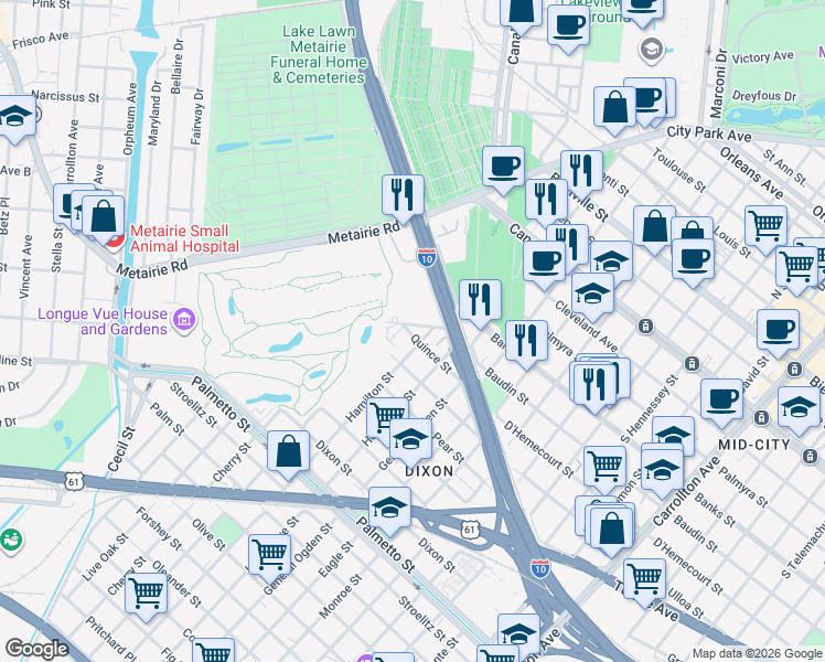 map of restaurants, bars, coffee shops, grocery stores, and more near 9127 Quince Street in New Orleans