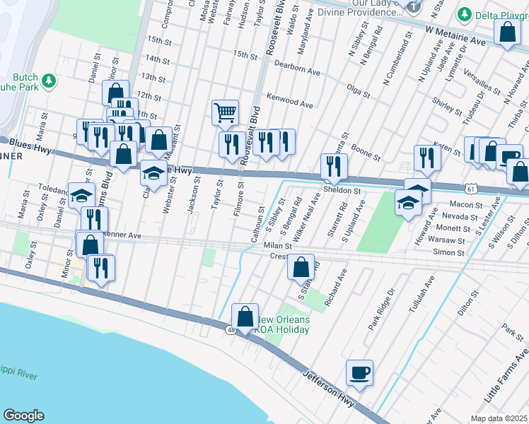 map of restaurants, bars, coffee shops, grocery stores, and more near 805 Calhoun Street in Kenner