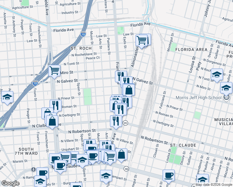 map of restaurants, bars, coffee shops, grocery stores, and more near 1922 Painters Street in New Orleans