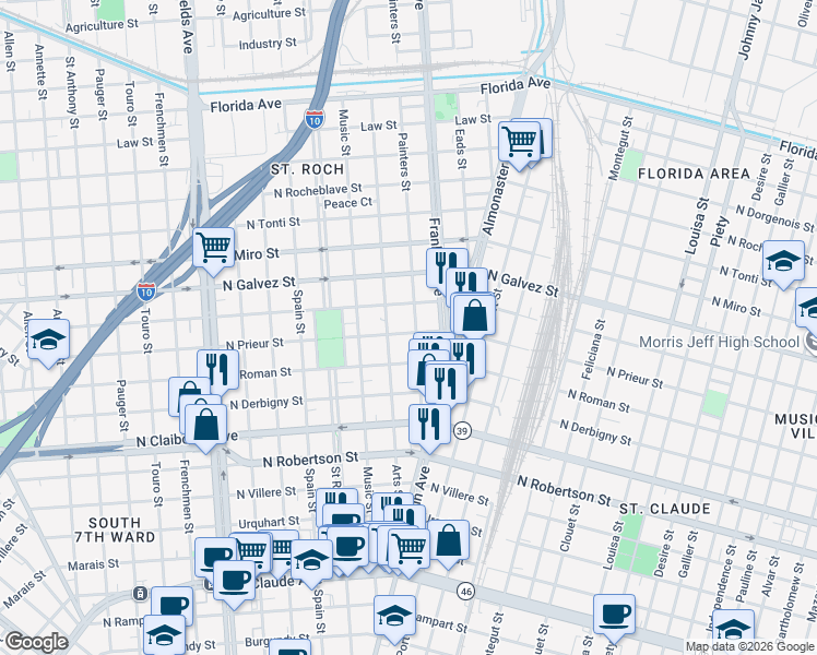 map of restaurants, bars, coffee shops, grocery stores, and more near 1922 Painters Street in New Orleans