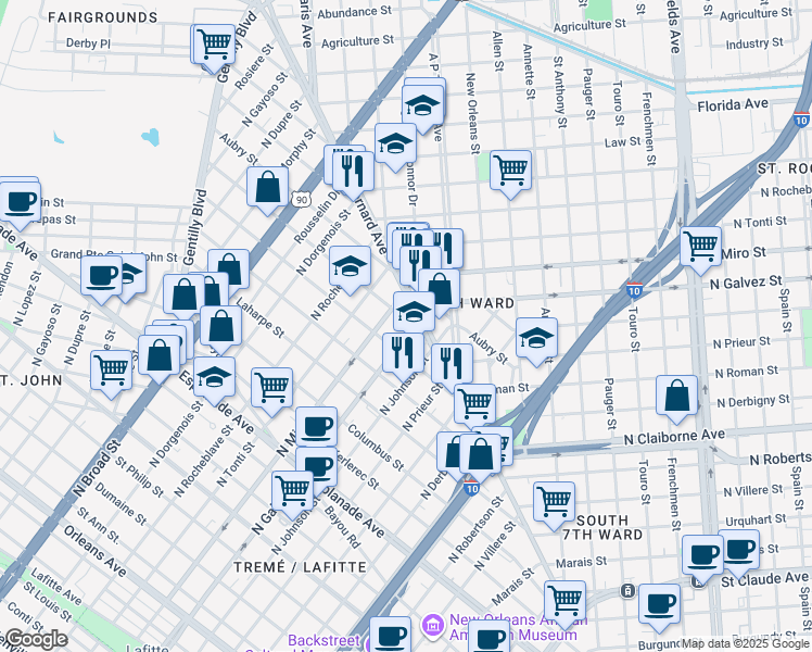 map of restaurants, bars, coffee shops, grocery stores, and more near 2114 D'Abadie Street in New Orleans