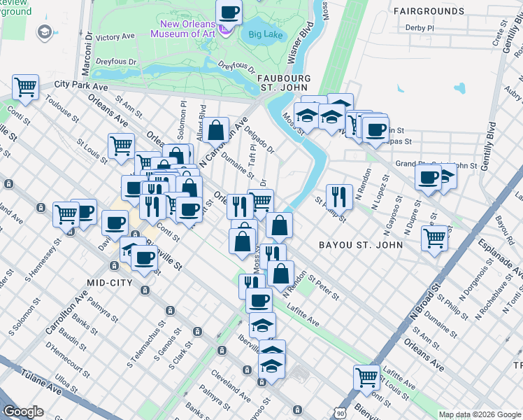 map of restaurants, bars, coffee shops, grocery stores, and more near 825 Wilson Drive in New Orleans