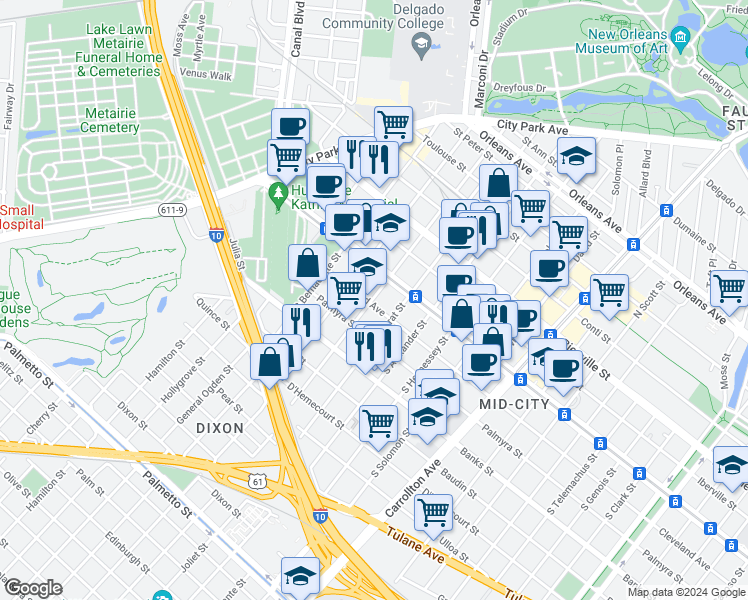 map of restaurants, bars, coffee shops, grocery stores, and more near 128 South Olympia in New Orleans