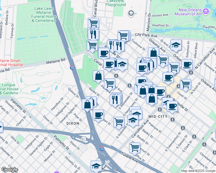 map of restaurants, bars, coffee shops, grocery stores, and more near 211 South Saint Patrick Street in New Orleans
