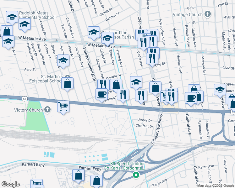 map of restaurants, bars, coffee shops, grocery stores, and more near 4816 Finch Street in Metairie