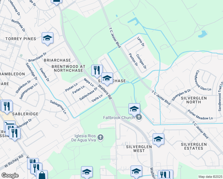 map of restaurants, bars, coffee shops, grocery stores, and more near 13606 Walters Road in Houston