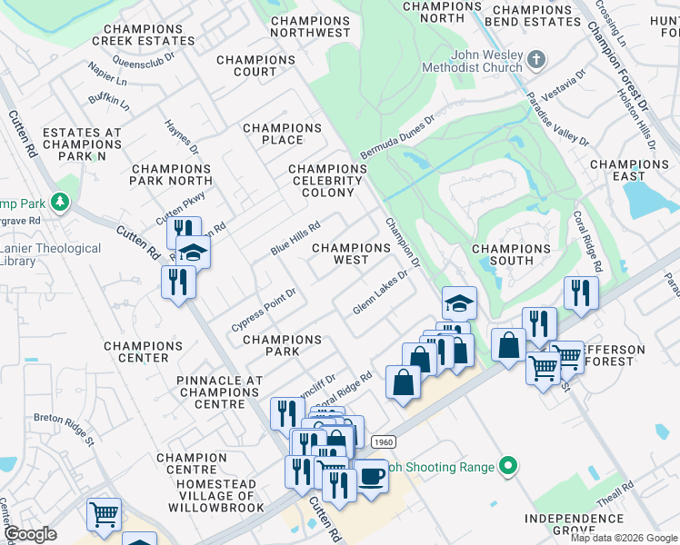 map of restaurants, bars, coffee shops, grocery stores, and more near 6607 Cypress Point Drive in Houston