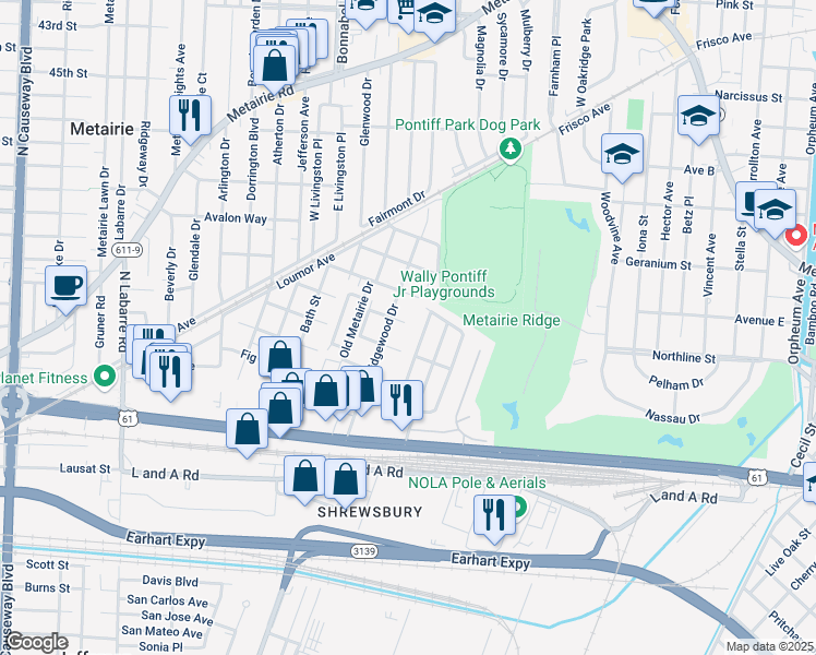 map of restaurants, bars, coffee shops, grocery stores, and more near 1506 Forshey Street in Metairie