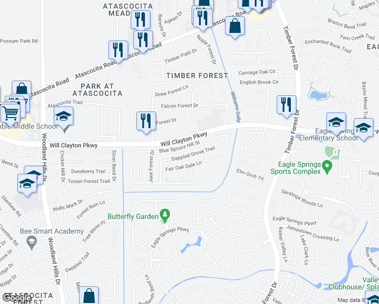 map of restaurants, bars, coffee shops, grocery stores, and more near 4919 Dappled Grove Trail in Humble