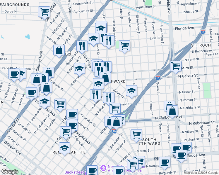 map of restaurants, bars, coffee shops, grocery stores, and more near 2001 Saint Bernard Avenue in New Orleans