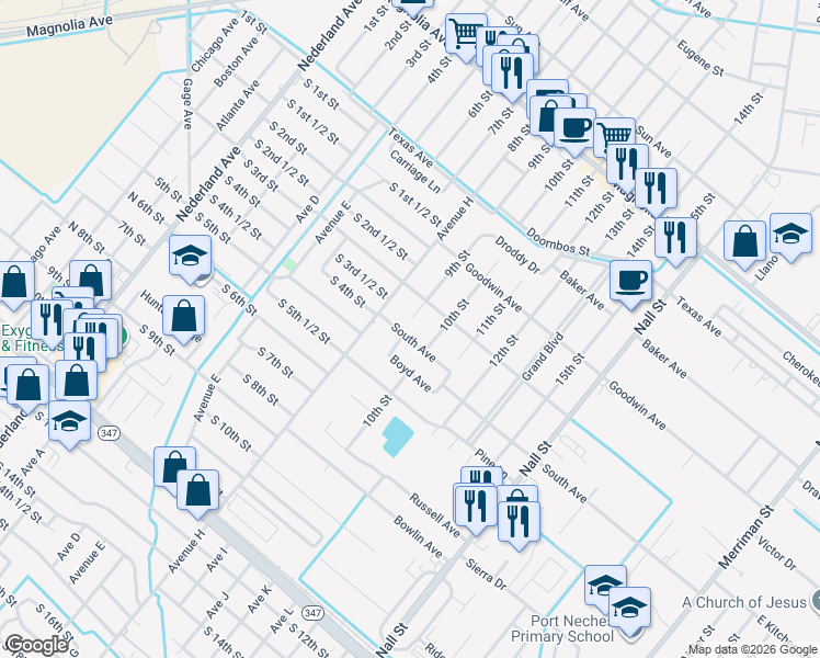 map of restaurants, bars, coffee shops, grocery stores, and more near 1509 South Avenue in Port Neches