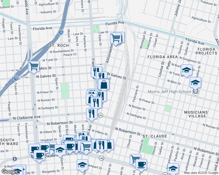 map of restaurants, bars, coffee shops, grocery stores, and more near 2805 North Roman Street in New Orleans