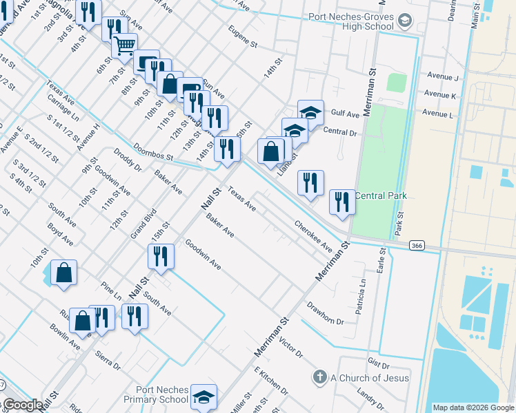 map of restaurants, bars, coffee shops, grocery stores, and more near 835 Cherokee Avenue in Port Neches