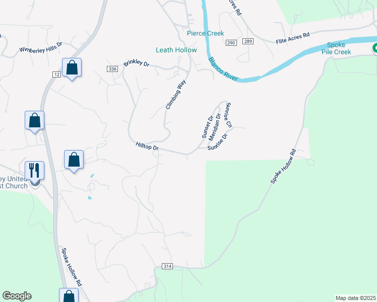 map of restaurants, bars, coffee shops, grocery stores, and more near 1992 Hilltop Drive in Wimberley