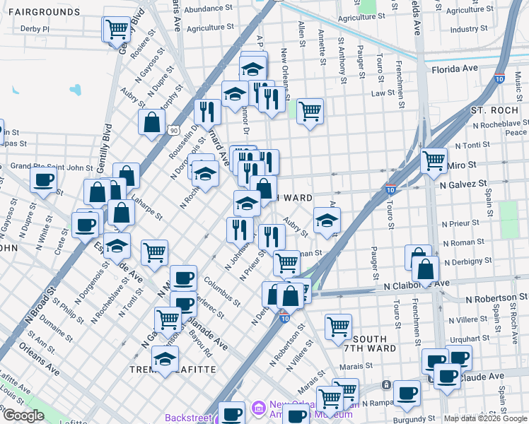 map of restaurants, bars, coffee shops, grocery stores, and more near 2001 Saint Bernard Avenue in New Orleans