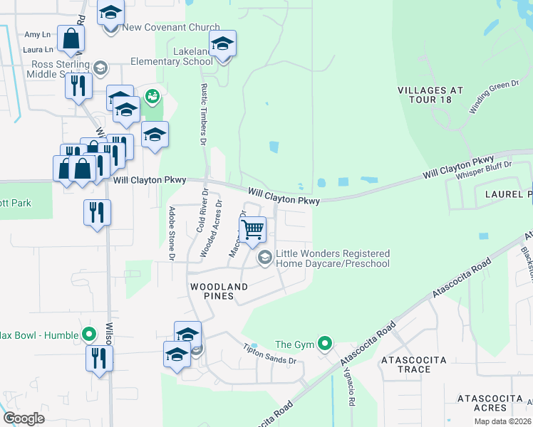 map of restaurants, bars, coffee shops, grocery stores, and more near 9607 Western Briar Lane in Humble