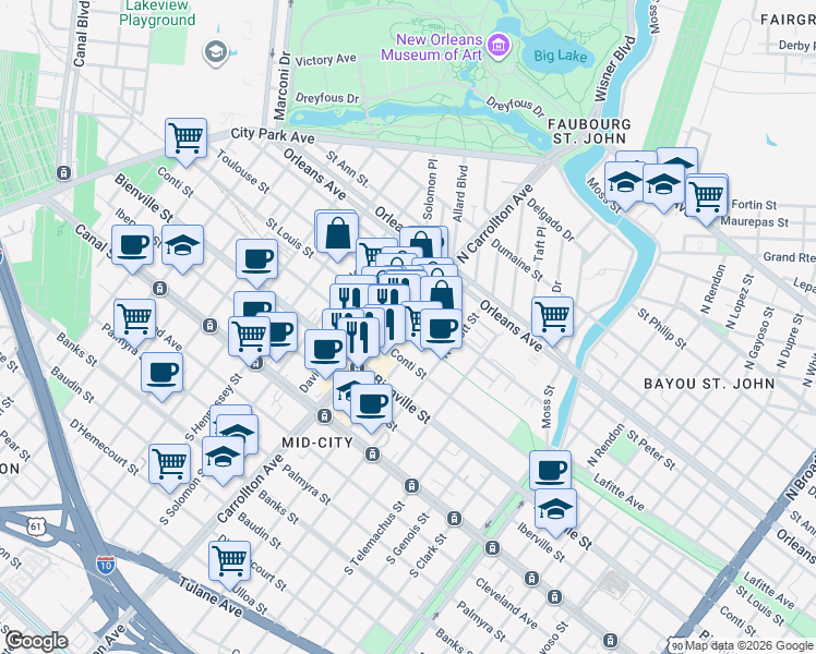 map of restaurants, bars, coffee shops, grocery stores, and more near 510 North Carrollton Avenue in New Orleans