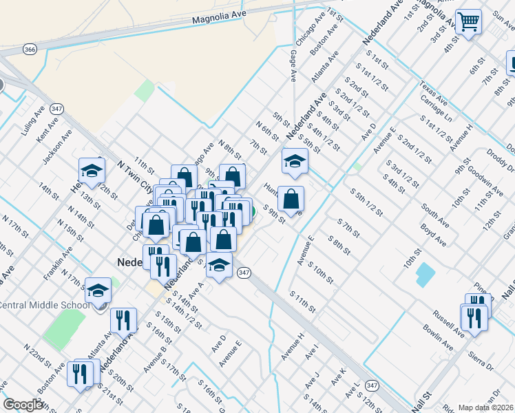 map of restaurants, bars, coffee shops, grocery stores, and more near 114 S 9th St in Nederland