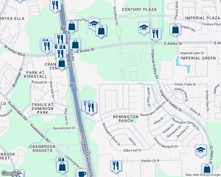 map of restaurants, bars, coffee shops, grocery stores, and more near 323 Remington Bridge Drive in Houston