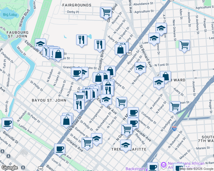 map of restaurants, bars, coffee shops, grocery stores, and more near 2550 Columbus Street in New Orleans