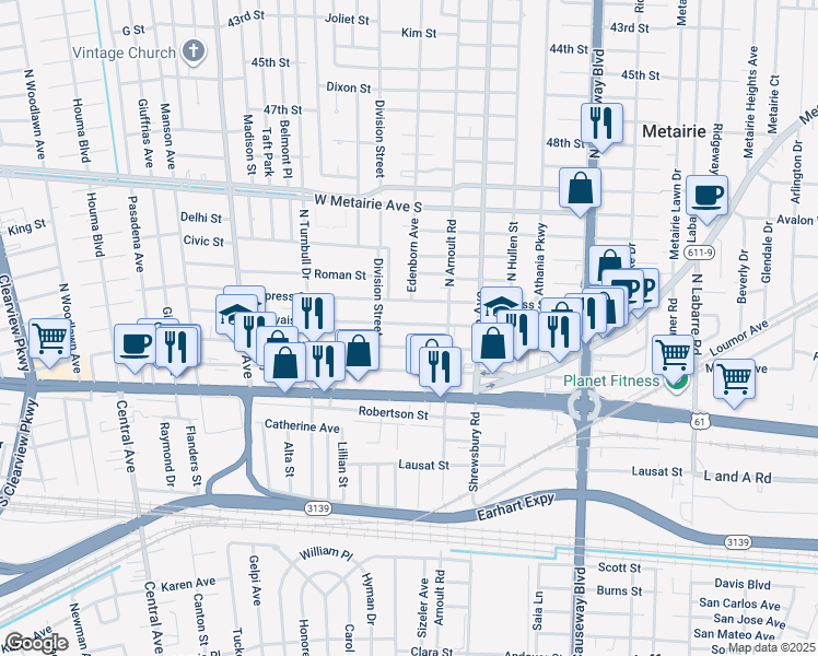 map of restaurants, bars, coffee shops, grocery stores, and more near 3634 Bauvais Street in Metairie