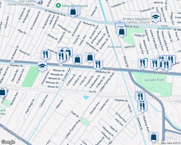 map of restaurants, bars, coffee shops, grocery stores, and more near 7420 Mistletoe Street in Metairie