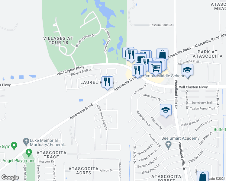 map of restaurants, bars, coffee shops, grocery stores, and more near 3423 Atascocita Road in Humble