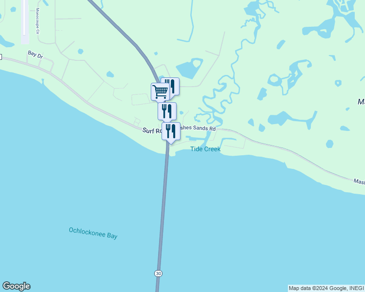 map of restaurants, bars, coffee shops, grocery stores, and more near 9H Mashes Sands Road in Panacea