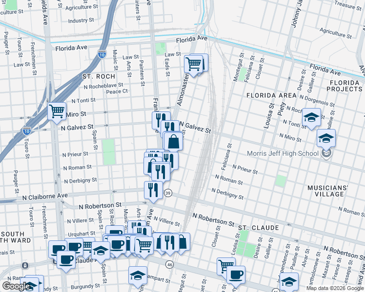 map of restaurants, bars, coffee shops, grocery stores, and more near 2805 North Roman Street in New Orleans
