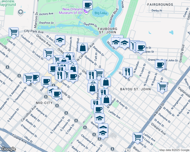map of restaurants, bars, coffee shops, grocery stores, and more near 825 Wilson Drive in New Orleans
