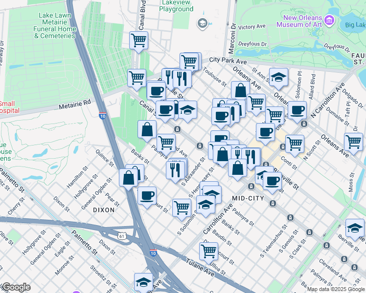 map of restaurants, bars, coffee shops, grocery stores, and more near 128 South Olympia in New Orleans
