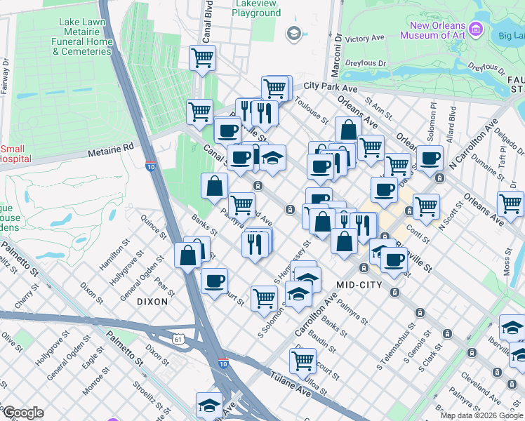 map of restaurants, bars, coffee shops, grocery stores, and more near 128 South Olympia in New Orleans