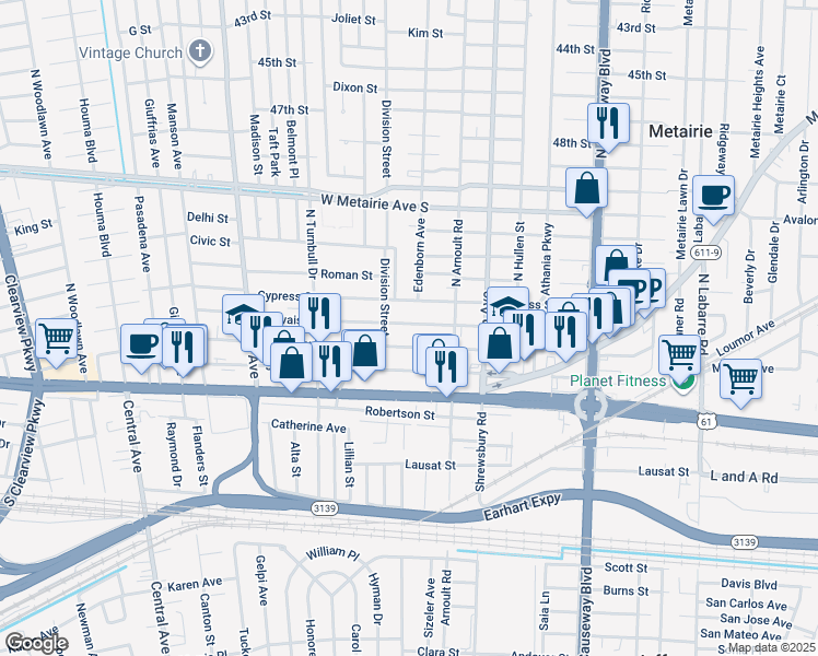 map of restaurants, bars, coffee shops, grocery stores, and more near 3638 Bauvais Street in Metairie