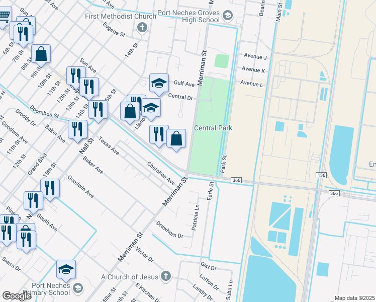 map of restaurants, bars, coffee shops, grocery stores, and more near 2134 Merriman Street in Port Neches