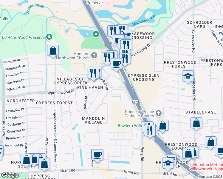 map of restaurants, bars, coffee shops, grocery stores, and more near 19515 Texas 249 in Houston