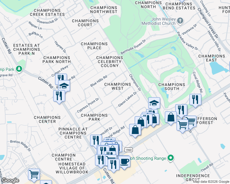 map of restaurants, bars, coffee shops, grocery stores, and more near 6607 Cypress Point Drive in Houston
