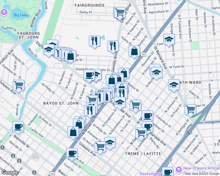 map of restaurants, bars, coffee shops, grocery stores, and more near 2628 Lepage Street in New Orleans
