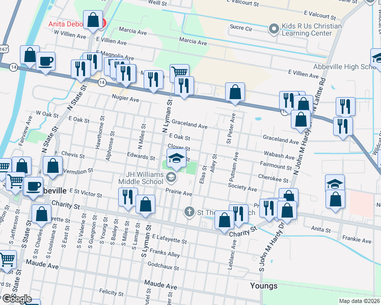 map of restaurants, bars, coffee shops, grocery stores, and more near 1306 Clover Street in Abbeville
