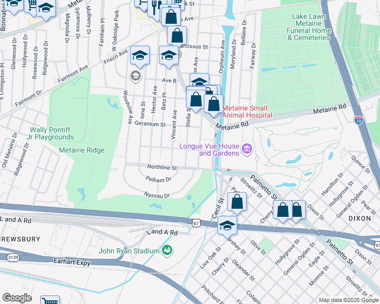 map of restaurants, bars, coffee shops, grocery stores, and more near 214 Avenue East in Metairie
