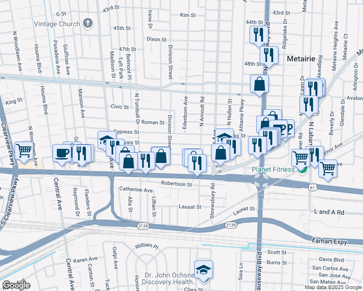 map of restaurants, bars, coffee shops, grocery stores, and more near 3638 Bauvais Street in Metairie