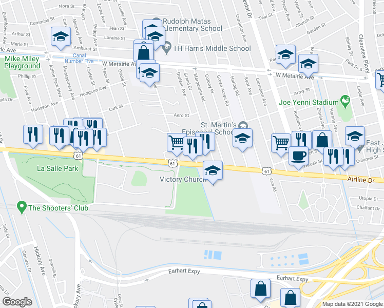 map of restaurants, bars, coffee shops, grocery stores, and more near 15 Orlando Drive in Metairie