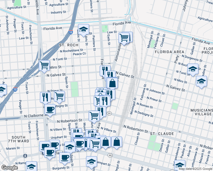 map of restaurants, bars, coffee shops, grocery stores, and more near 1911 Franklin Avenue in New Orleans