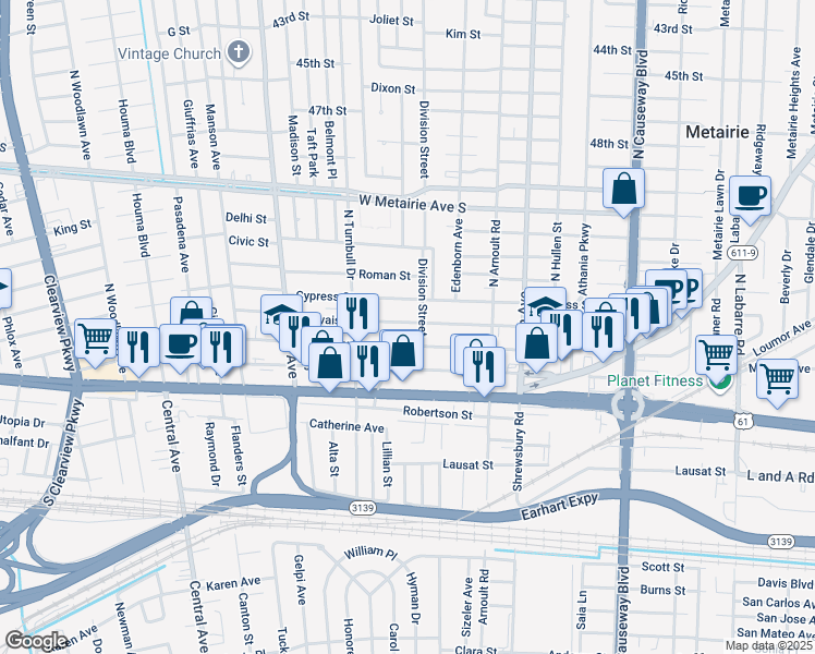 map of restaurants, bars, coffee shops, grocery stores, and more near 3722 Bauvais Street in Metairie