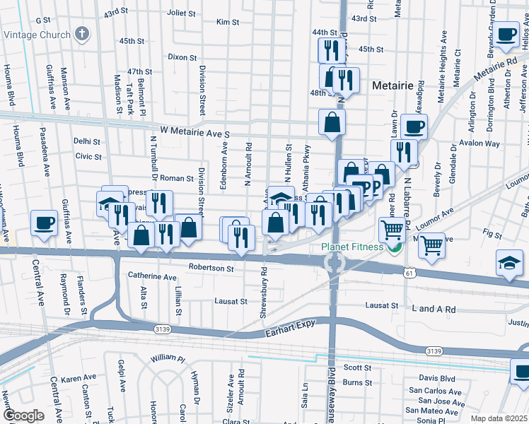 map of restaurants, bars, coffee shops, grocery stores, and more near 400 Severn Avenue in Metairie
