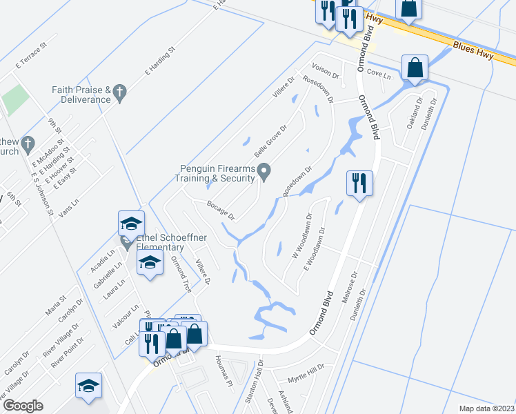 map of restaurants, bars, coffee shops, grocery stores, and more near 38 Bocage Drive in Destrehan