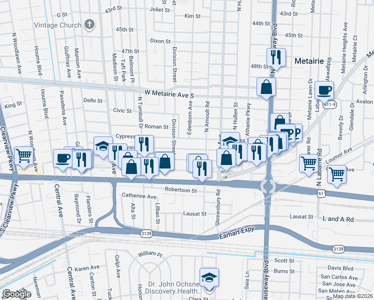 map of restaurants, bars, coffee shops, grocery stores, and more near 3638 Bauvais Street in Metairie