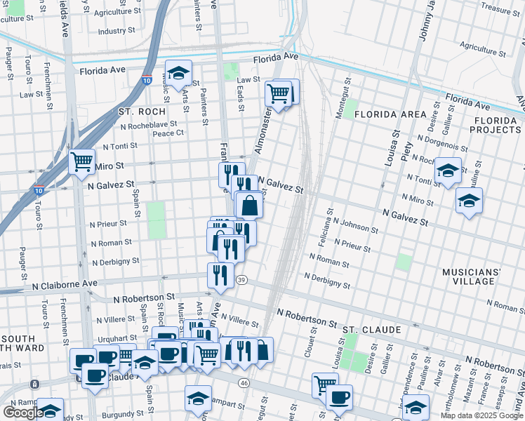 map of restaurants, bars, coffee shops, grocery stores, and more near 2805 North Roman Street in New Orleans